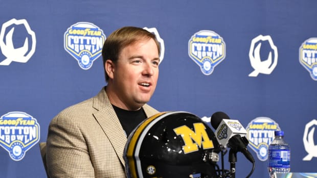 Missouri football coach Eli Drinkwitz speaks to the media during the pre-game press conference on Thursday, Dec. 28 at AT&T Stadium.
